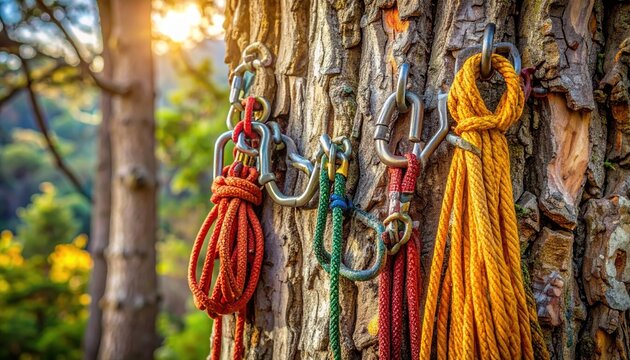 Close up of professional climbing gear attached to a tree