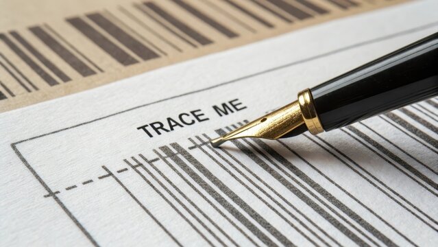 Close up of pen pointing to a barcode labeled Trace Me