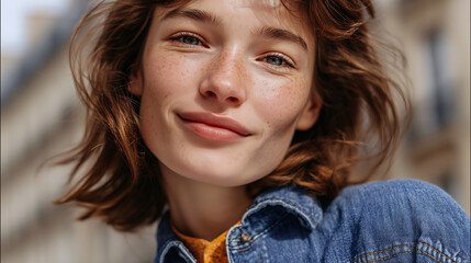 Portrait of a smiling young woman outdoors wearing a denim jacket — an urban lifestyle portrait in soft sunlight.