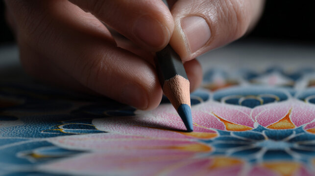 Close-up of hand coloring intricate mandala illustration.