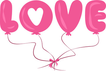 Cheerful flat vector graphic of the word LOVE spelled out using bright pink balloon letters, featuring a heart cutout in the "O" and tied with a festive ribbon bow.