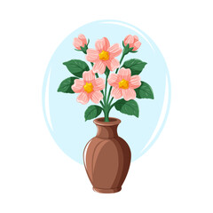 A bouquet of pink flowers in a brown vase, drawn as a cozy and decorative vector cartoon illustration.