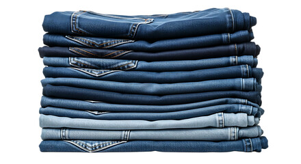 Stack of folded blue denim jeans in varying shades of indigo and light wash isolated on a transparent background