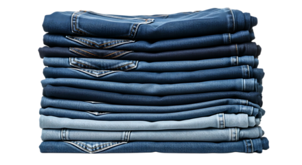 Stack of folded blue denim jeans in varying shades of indigo and light wash isolated on a transparent background