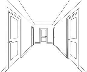 Linear hall sketch in the office or hotel with doors