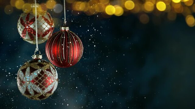 Christmas Decoration with Colored Shiny Balls and Glitters. Slow Motion Footage. Filmed on High Speed Cinema Camera, 1000 fps