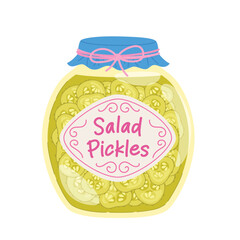 Salad Pickles jar. Pickled cucumbers slices in a glass jar. Fermentation of vegetables. Food vector illustration isolated on white background.