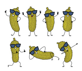 Funny Cucumber Pickles in Sunglasses. Cute pickled cucumbers characters in various poses. Funny vegetables characters design. Food vector illustration