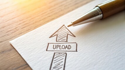 Pen Hovering Over Upload Arrow Sketch on Paper