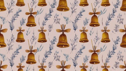 Seamless festive pattern with gold bells and blue foliage