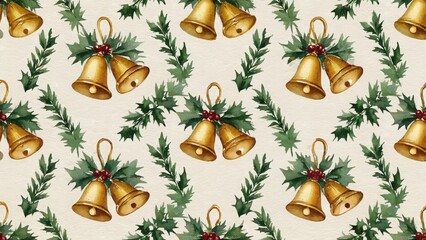 Seamless Christmas pattern with gold bells and holly