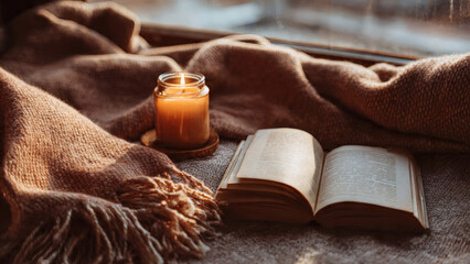 Cozy reading corner with blanket candle and a book