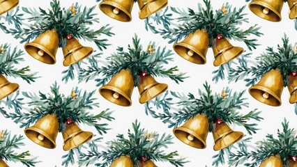 Seamless Christmas pattern with gold bells, holly leaves, and red berries