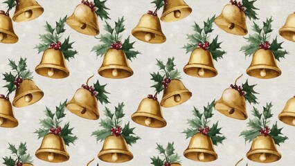 Seamless Christmas pattern with gold bells, holly leaves, and red berries