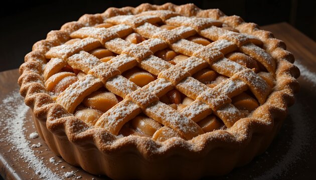 Delicious freshly baked fruit pie with lattice crust and powdered sugar dusting on wooden surface - Powered by Adobe