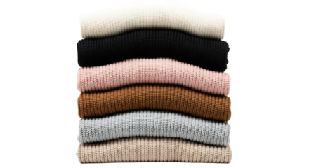 Stack of folded knitted sweaters in cream black pink brown grey and beige colors isolated on a transparent background