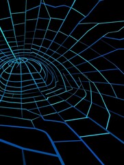Abstract Blue Grid Tunnel Illusion on Black Background Concept Design