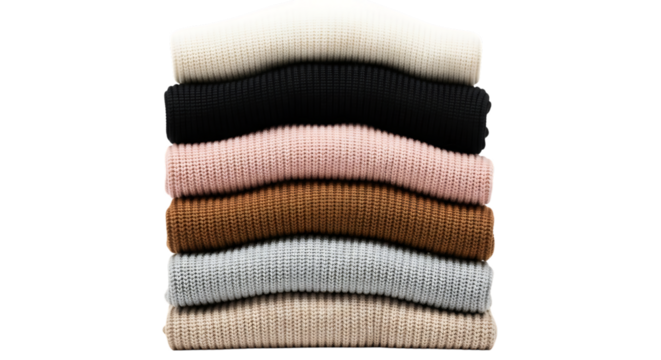 Stack of folded knitted sweaters in cream black pink brown grey and beige colors isolated on a transparent background