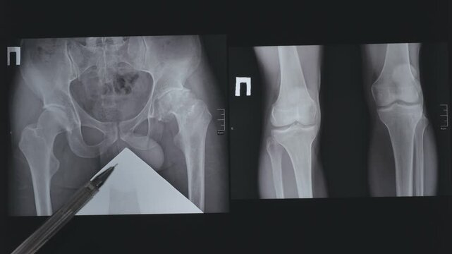 Doctor learn X-ray of dysplastic coxarthrosis. Deformation of the left femoral head. Aseptic necrosis and massive cystic changes in the hip joint. Projective shortening of the left lower limb.