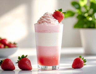 Iced strawberry layered latte with whipped cream and fresh berries in a clear glass, vibrant pink drink photography