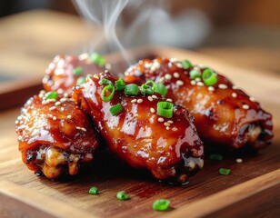 Crispy Korean chicken wings with sweet-spicy glaze, sesame seeds, scallions, and steam rising in warm lighting