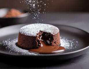 Rich molten chocolate lava cake with flowing center and powdered sugar on a dark plate