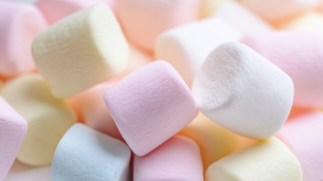 A mix of delicate pastel marshmallows fills the scene, showcasing shades of pink, yellow, and blue. The soft light enhances their fluffy textures, evoking sweet nostalgia and delight - Powered by Adobe
