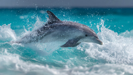 Fototapeta premium Dolphin jumping out of turquoise ocean with splashing water