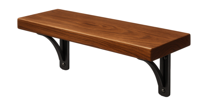 Wooden plank tabletop shelf with iron brackets, perfect for organizing books on a desk.