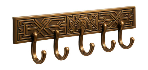 Art deco bronze hook strip with geometric designs, ideal for hanging aprons in studios.