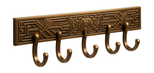 Art deco bronze hook strip with geometric designs, ideal for hanging aprons in studios.