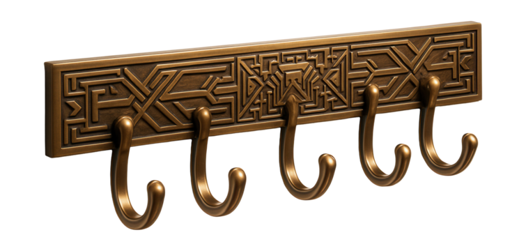 Art deco bronze hook strip with geometric designs, ideal for hanging aprons in studios.