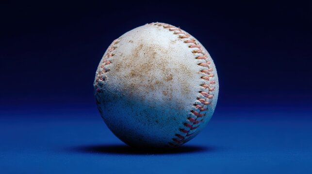Close-up of a baseball on a blue background. the baseball is in focus, while the background is slightly blurred, making it the focal point of the image.