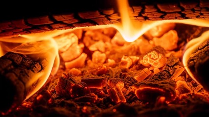 Macro view of glowing embers and crackling wood fire with vibrant orange flames and intense heat - Powered by Adobe