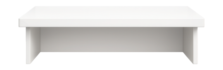 A minimalist white MDF shelf designed to fit over a washing machine for decor and storage.