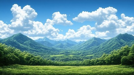 Fototapeta premium Lush Green Valley Nestled Between Majestic, Forested Mountains Under a Bright Blue Sky with Fluffy White Clouds