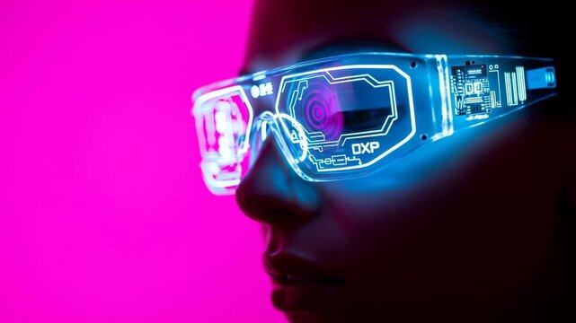 Futuristic woman wearing glowing augmented reality glasses with digital interface overlay and - Powered by Adobe