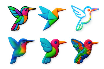 Naklejka premium Artistic Hummingbird Icons. 3D icon set of artistic hummingbird styles: stained glass hummingbird, origami form, neon glow shape,