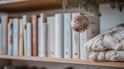 A bookshelf with neatly folded blankets and a Christmas, ornamental bauble — a cozy interior shot.