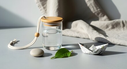 glass jar with wooden lid, leaf, and paper boat for eco-friendly lifestyle blogs, sustainable product packaging, and natural beauty websites