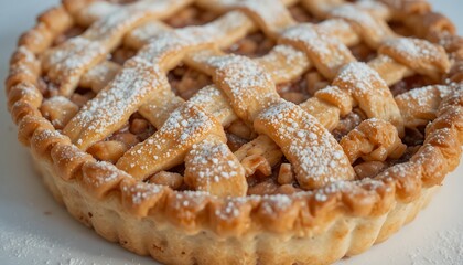Freshly baked homemade apple pie with lattice crust and powdered sugar topping