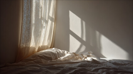 morning light softly filters through sheer curtains casting delicate patterns on crisp bed linens