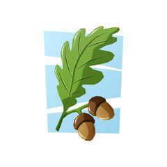 Two brown acorns with a green oak leaf on a light blue background. A clean and simple vector cartoon illustration.