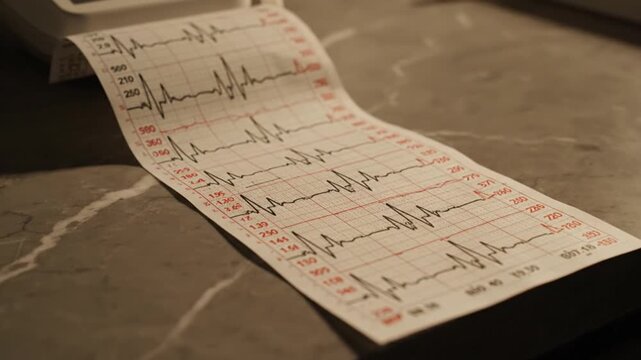 A thermal printout of an ECG/EKG strip displays sharp, irregular cardiac waveforms on a grid paper, signifying vital heart rhythm monitoring during a medical examination.