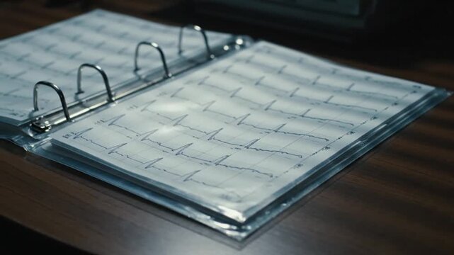 Detailed ECG/EKG readings displayed in a clear plastic sleeve within a silver three-ring binder on a dark wood desk. The tracings show sharp QRS complexes, hinting at a critical cardiac assessment or