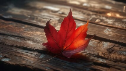 A vibrant red maple leaf rests on weathered wooden planks, autumn vibes in full display