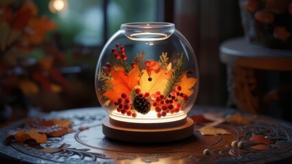 A glass orb illuminates fall foliage, berries, and pinecone, on a wooden base. Soft focus