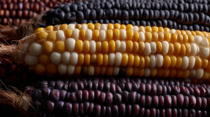 Corn cobs of different colors.