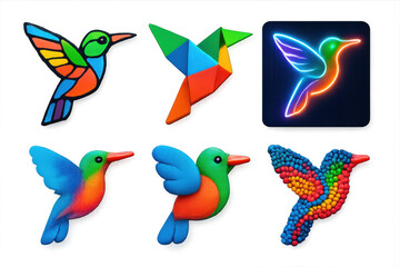 Fototapeta premium Series of colorful birds with one of them being a neon hummingbird