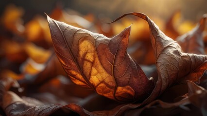 Close-up shot of dried autumn leaves. Sun highlights the texture and detail of the leaves